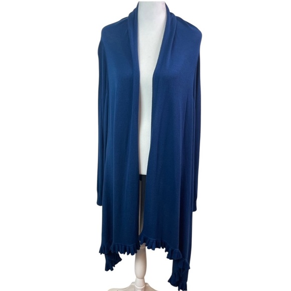 Love Moschino Blue Ruffle Hem Cotton Blend Open Front Waterfall Cardigan Sweater - Picture 2 of 16